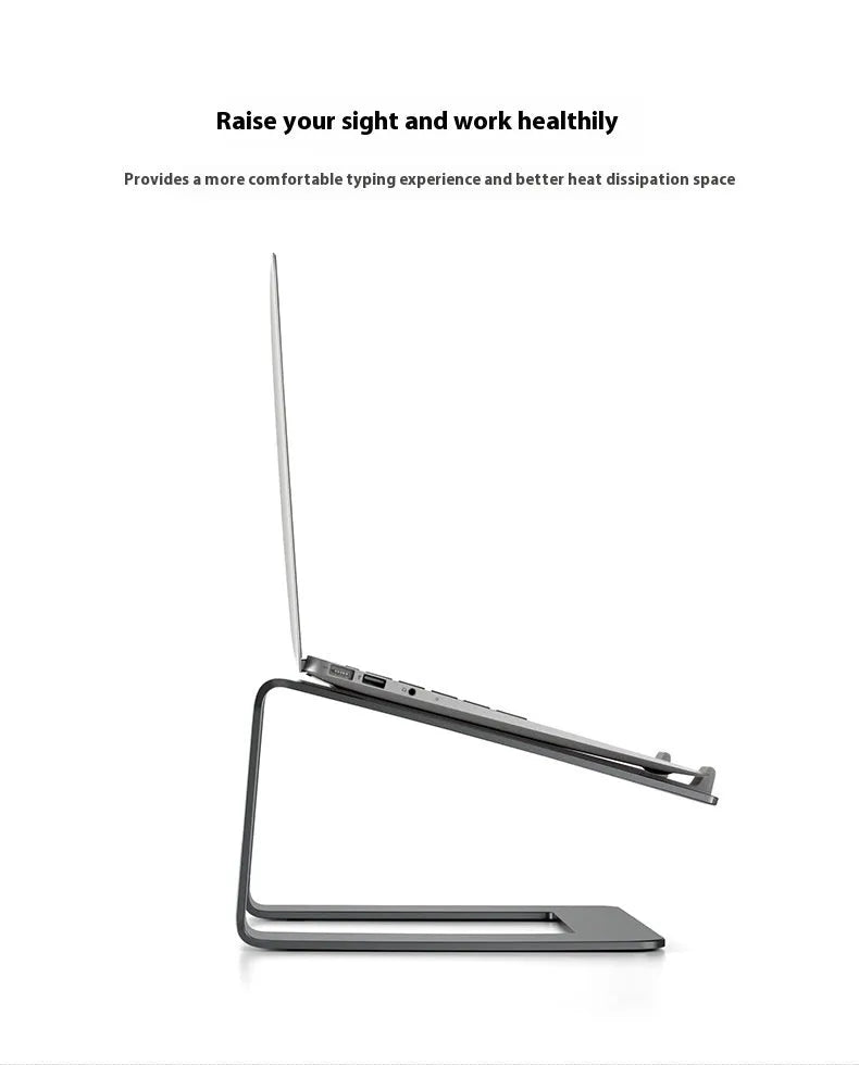 Black aluminium alloy laptop stand on desk showing dimensions and open-frame design