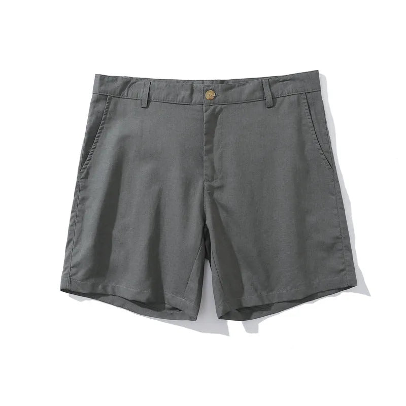 Men's loose plus size linen cotton blend casual shorts in green, side view, showing relaxed fit and mid-waist design.