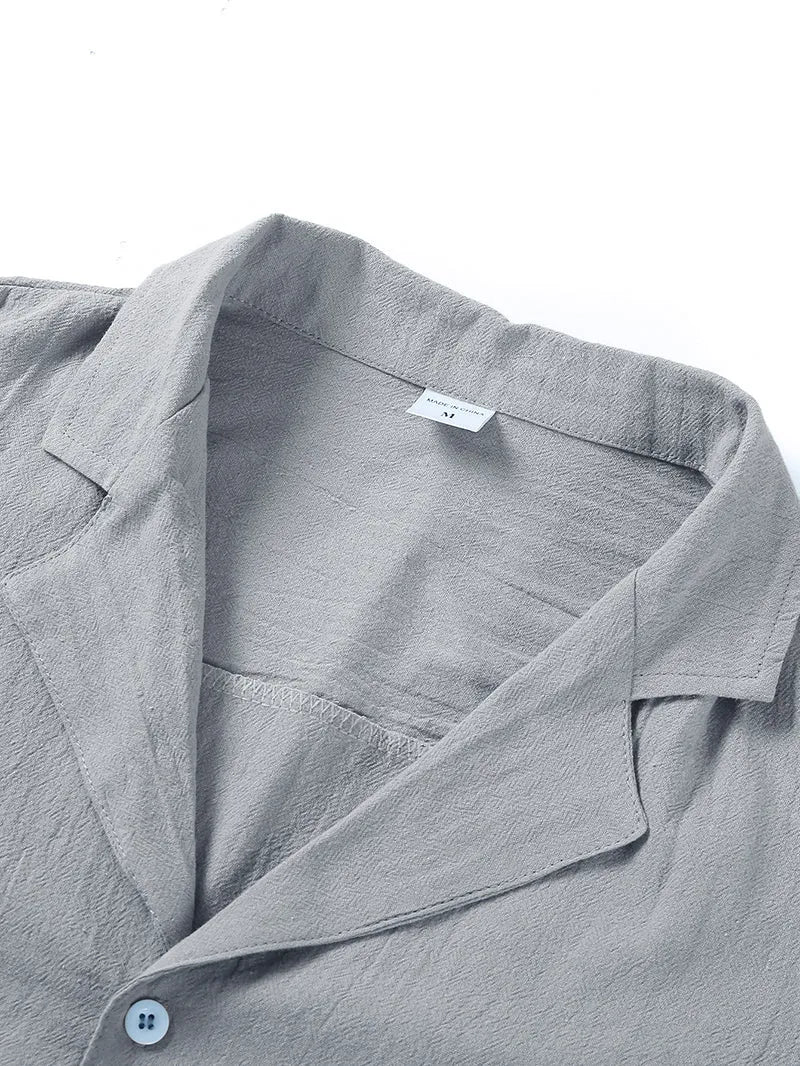 Men's short sleeve button down shirt in linen cotton blend, loose fit lapel collar, solid colour casual summer top