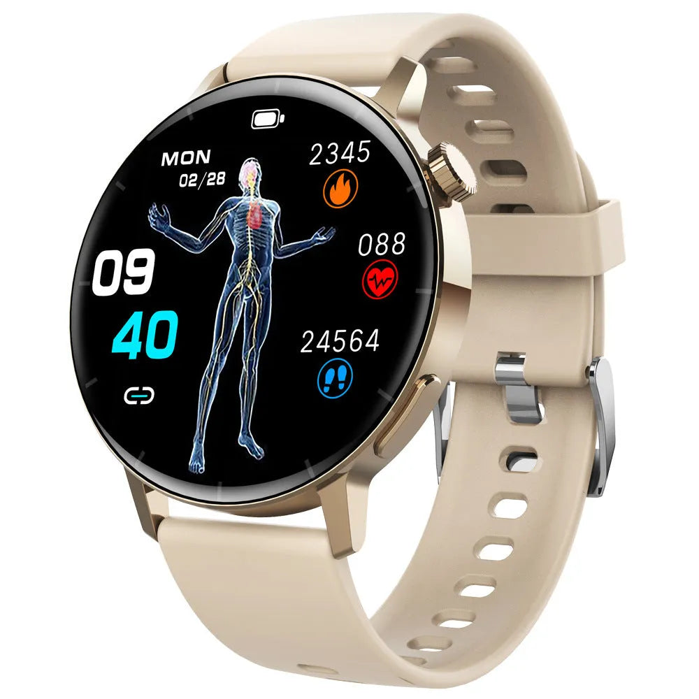 F67S smart watch with red light blood oxygen and glucose monitoring in black leather strap