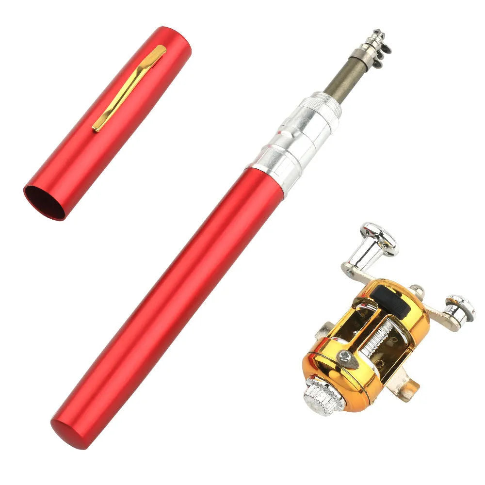 Portable telescopic fishing rod kit with gold reel and aluminium case, extended to 1m and collapsed to 20.5cm.