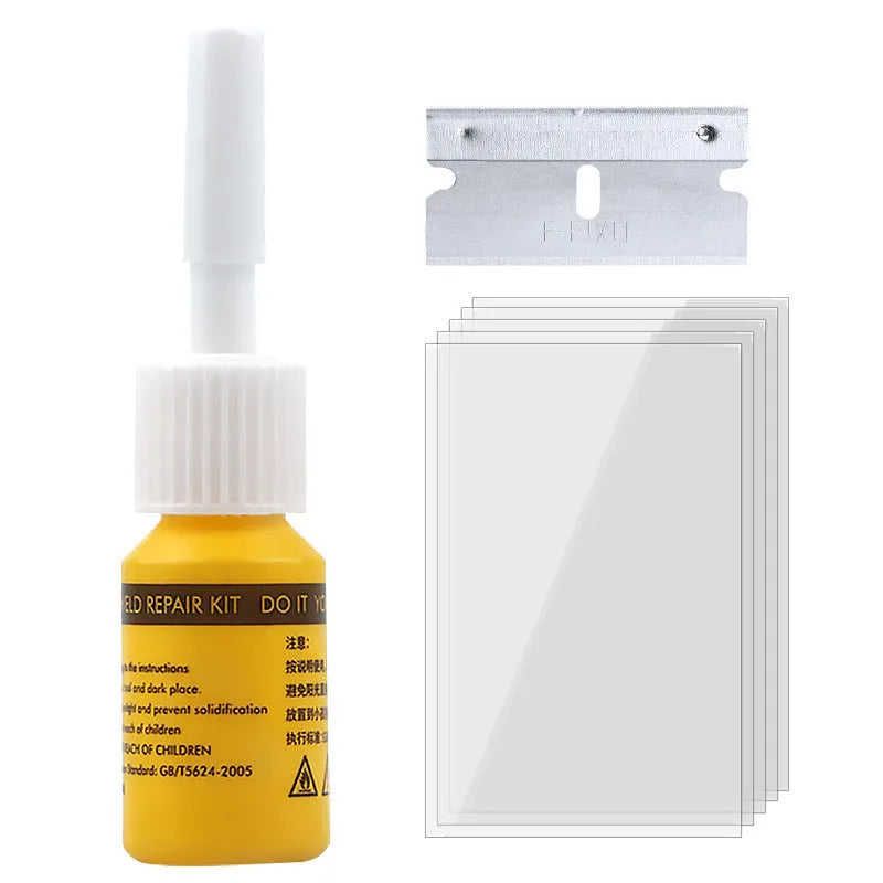 Yellow car glass repair agent tool set with three components for windshield crack repair