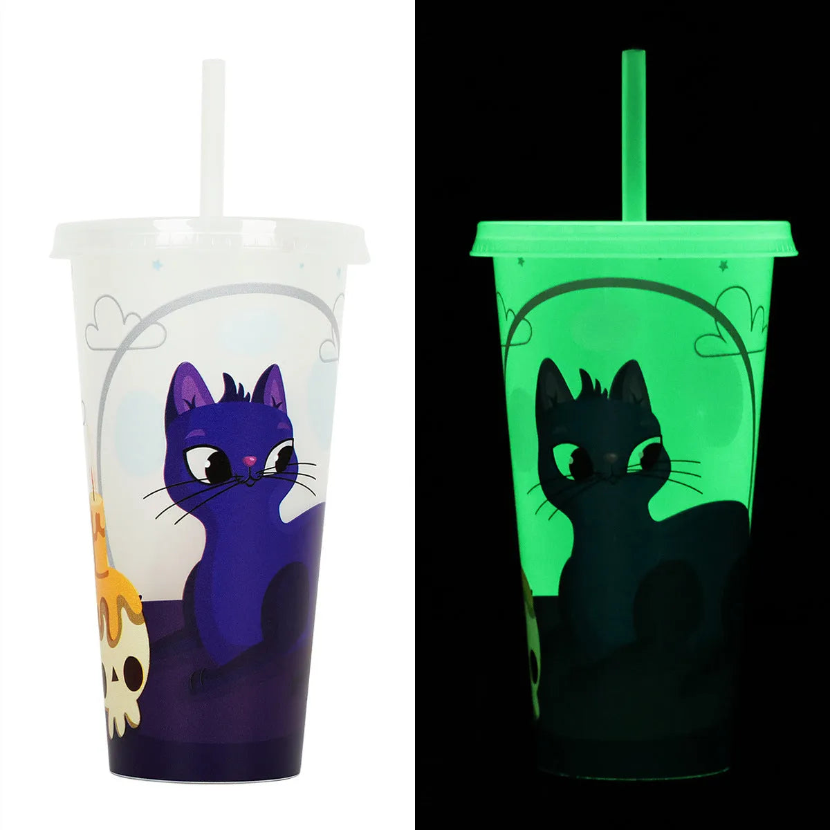 720ml plastic Halloween sippy cup with luminous straw, six colour options