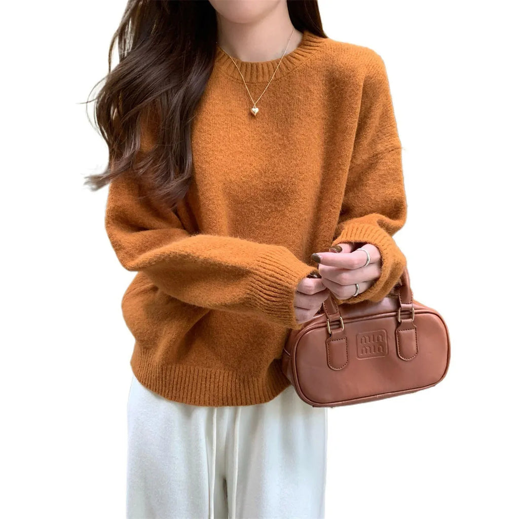 Korean style soft glutinous loose drop-shoulder sleeve sweater in candy colour, solid pattern with wavy elements, acrylic fibre