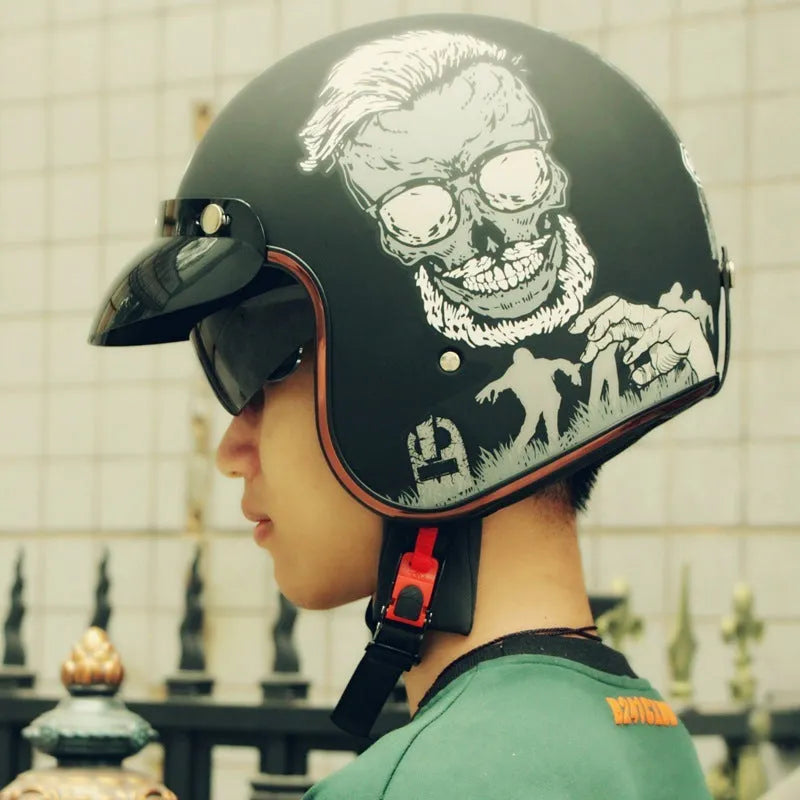 Retro outdoor half helmet for electric bike riding in ABS plastic, shown in multiple colours and sizes.