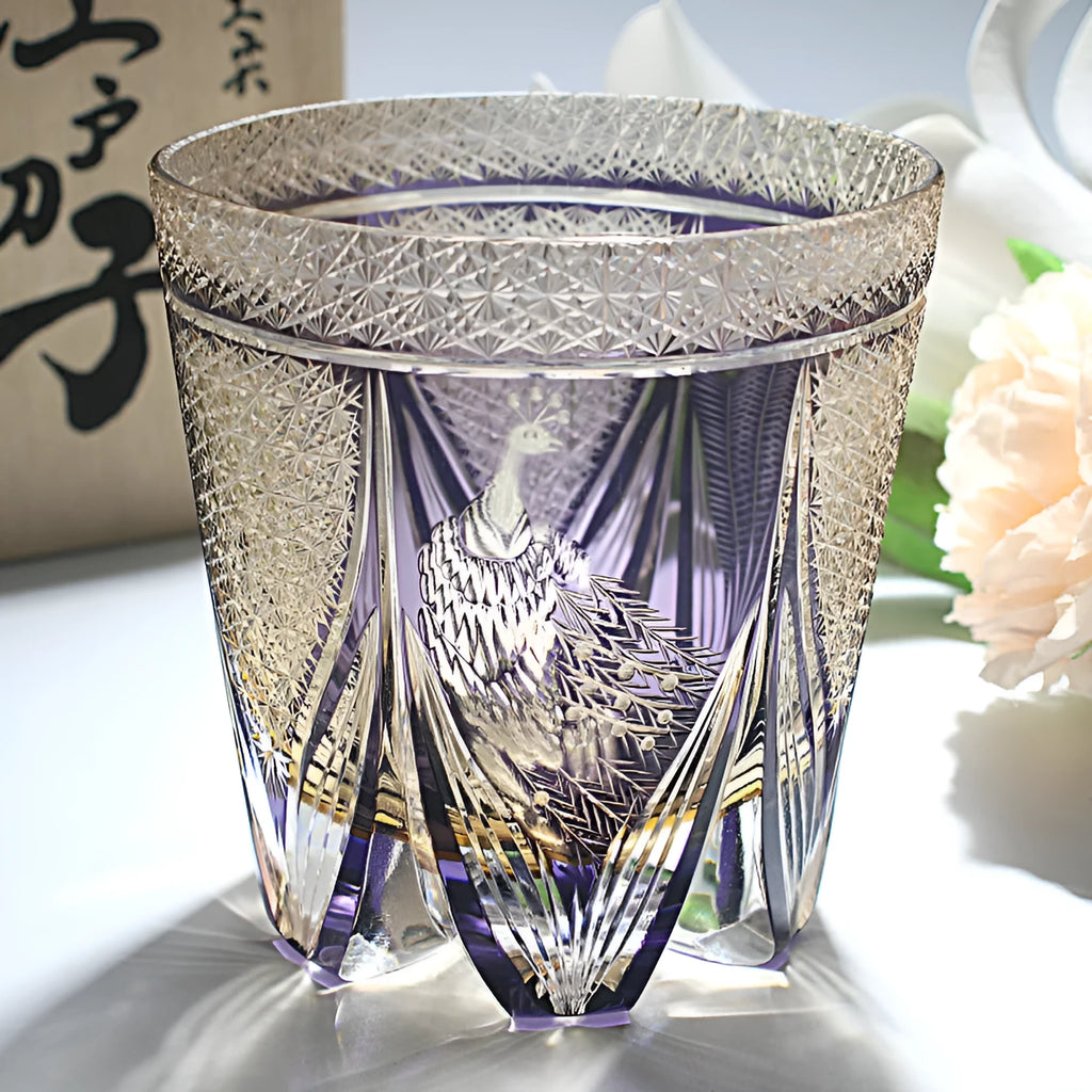 Handblown crystal whisky wine glass in Violet Peacock colour showcasing clear crystal body and coloured finish