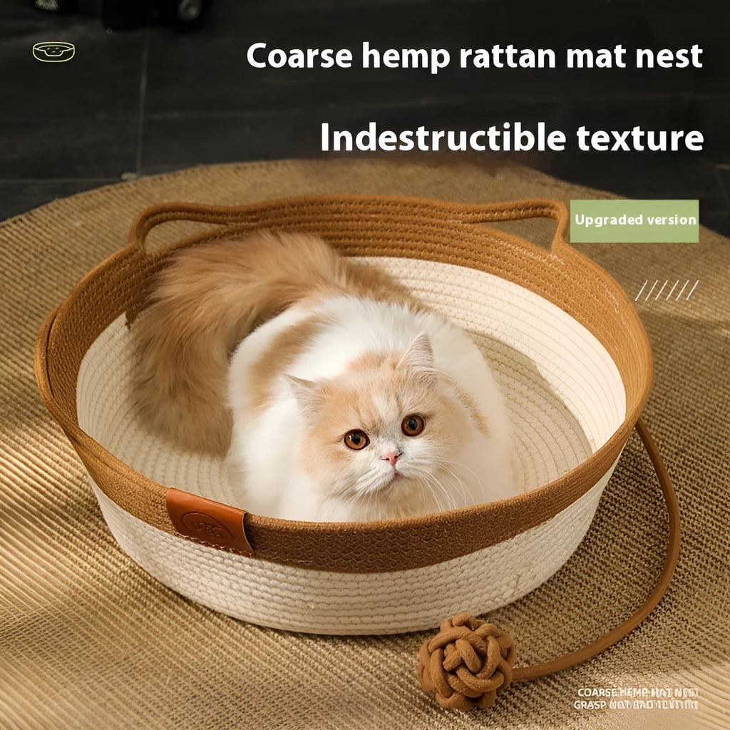 A grey woven cloth cat nest bed with visible cotton string stitching, shown in a medium size.