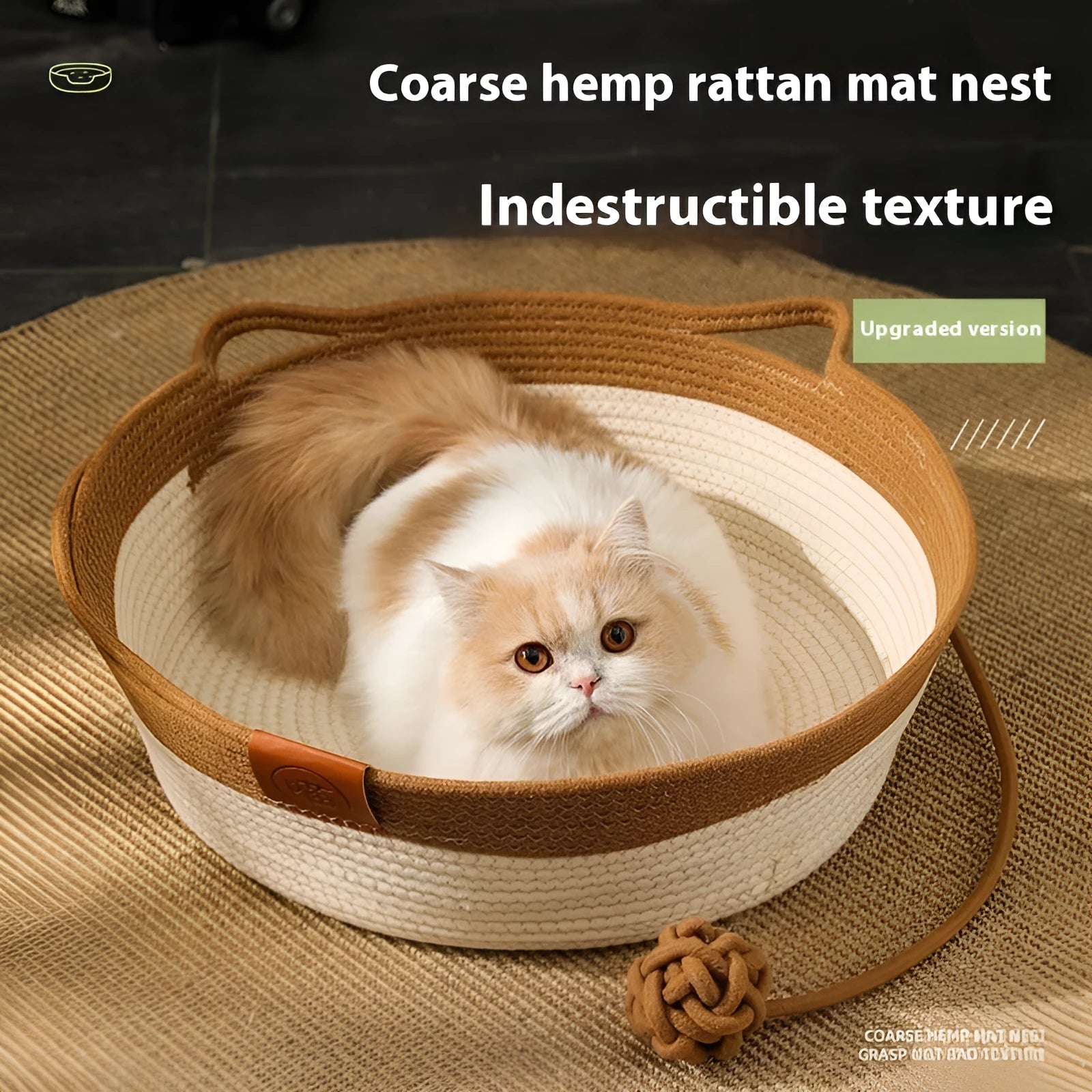 A grey woven cloth cat nest bed with visible cotton string stitching, shown in a medium size.
