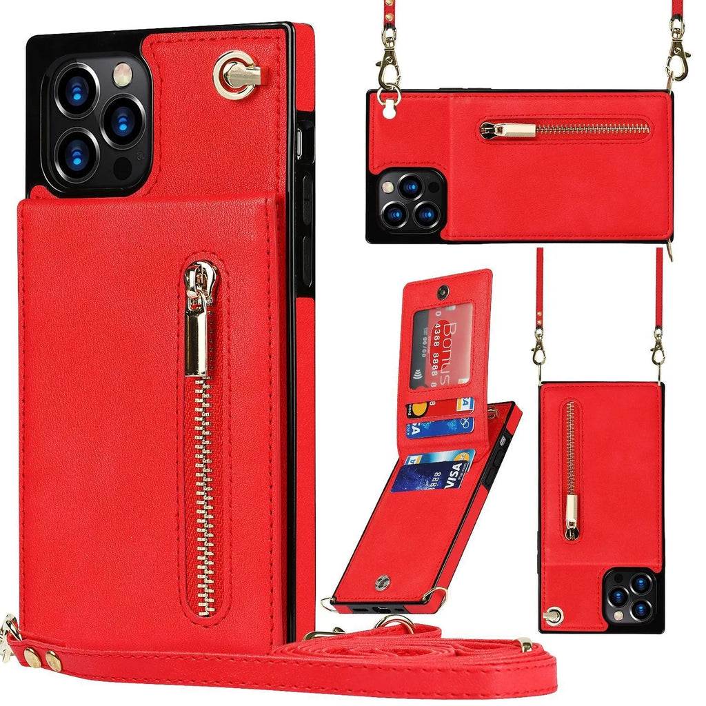 Black leather and TPU protective phone case for Samsung Galaxy or Apple iPhone models.