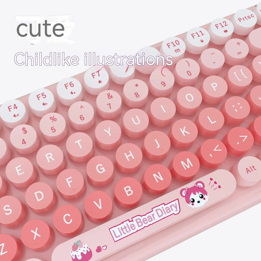 Pink cartoon wireless keyboard and mouse set with compact 43.5cm keyboard dimensions