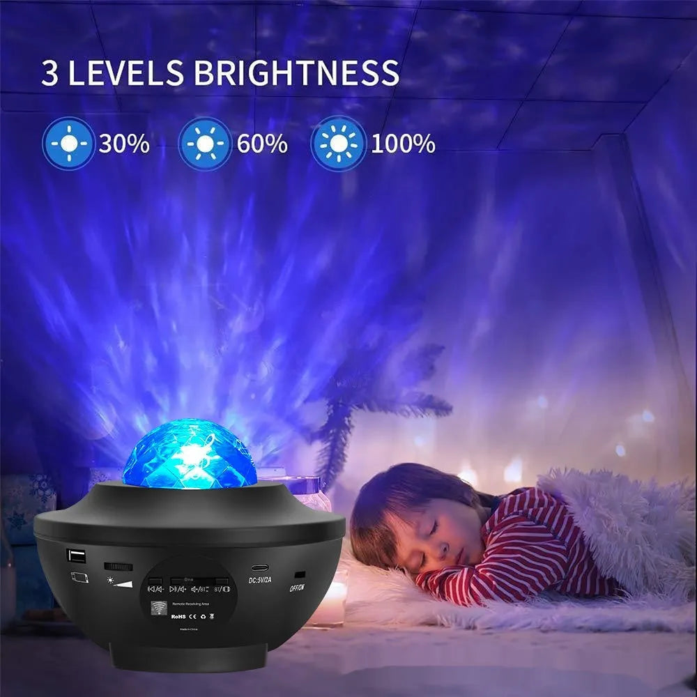 Black parallel starry sky projection lamp with rotating water ripple laser light and Bluetooth music capability on desktop