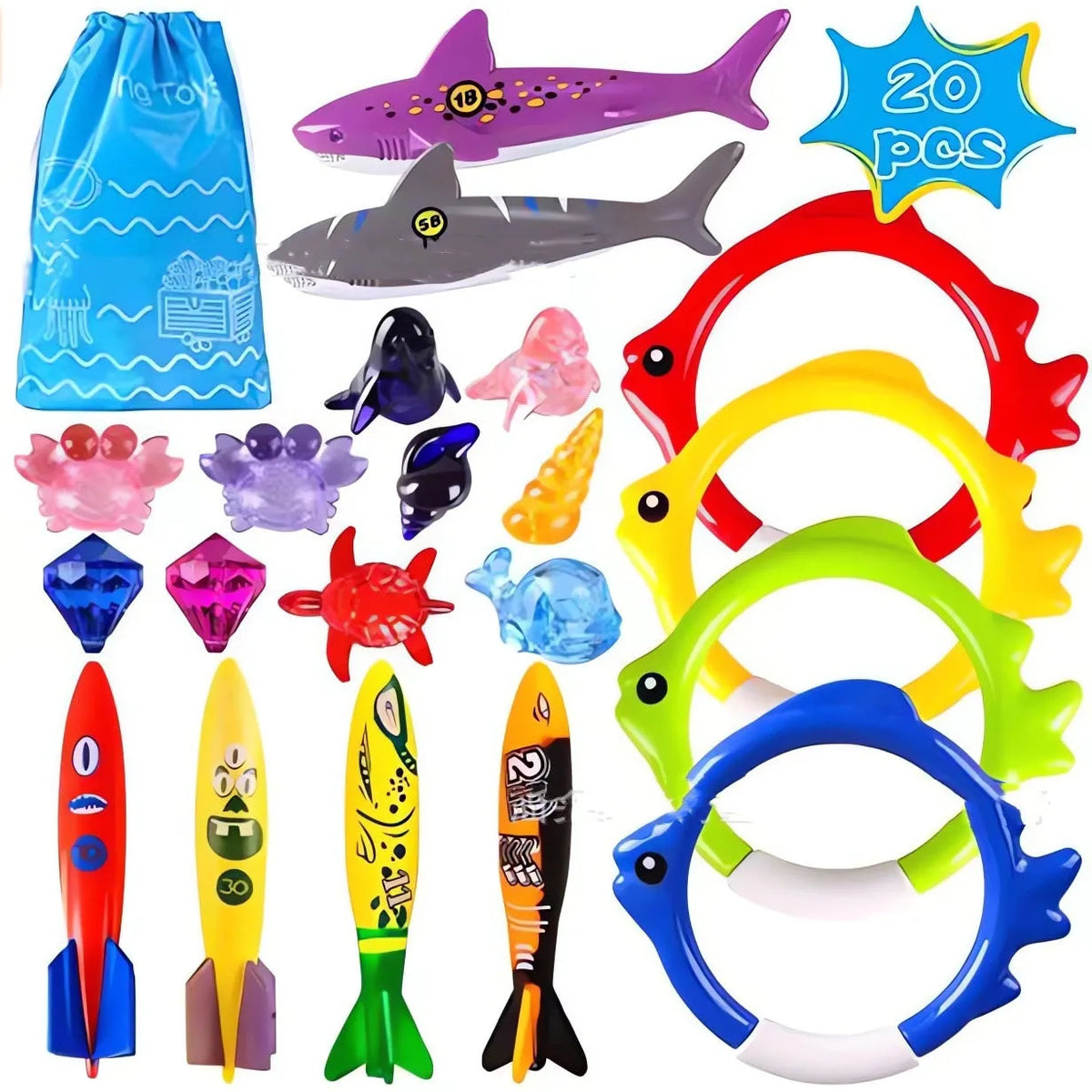 20-pack plastic diving toys in assorted colours for children's swimming pool treasure hunting play