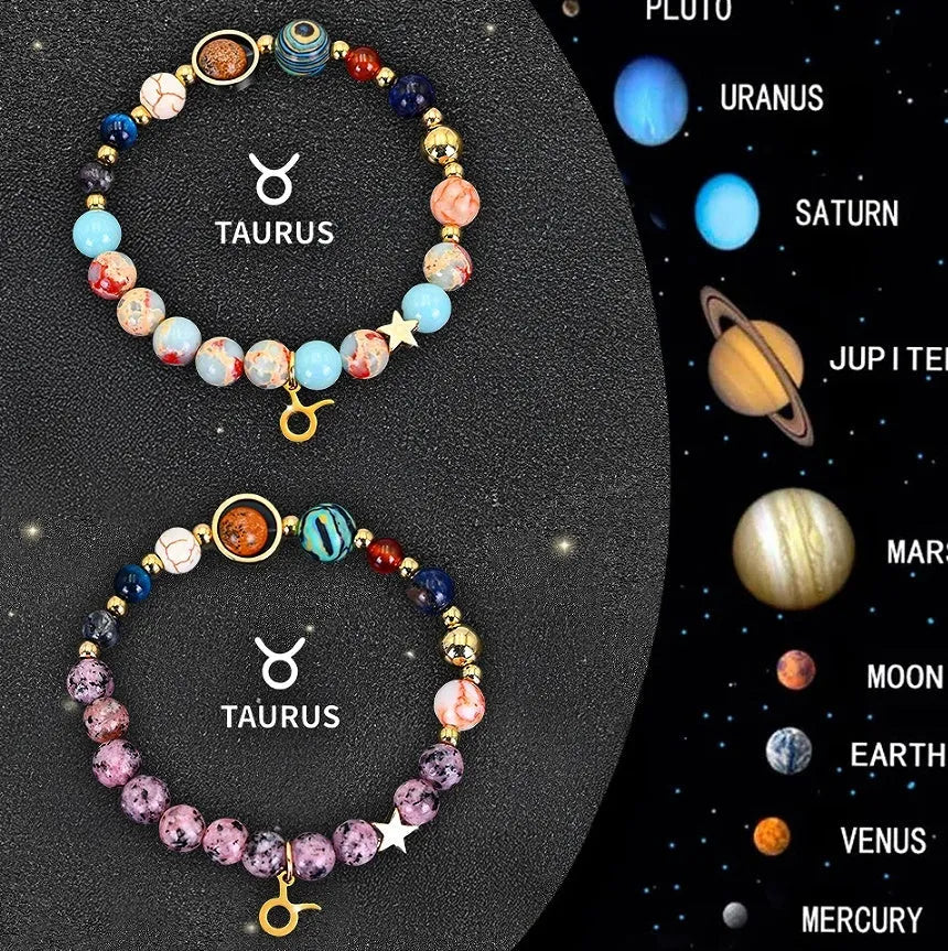 Two adjustable natural stone beaded bracelets with silver zodiac charms on a flat surface.
