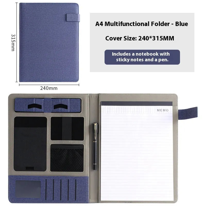 Black leather A4 business folder open, showing interior document space, pen loop, and optional notepad.