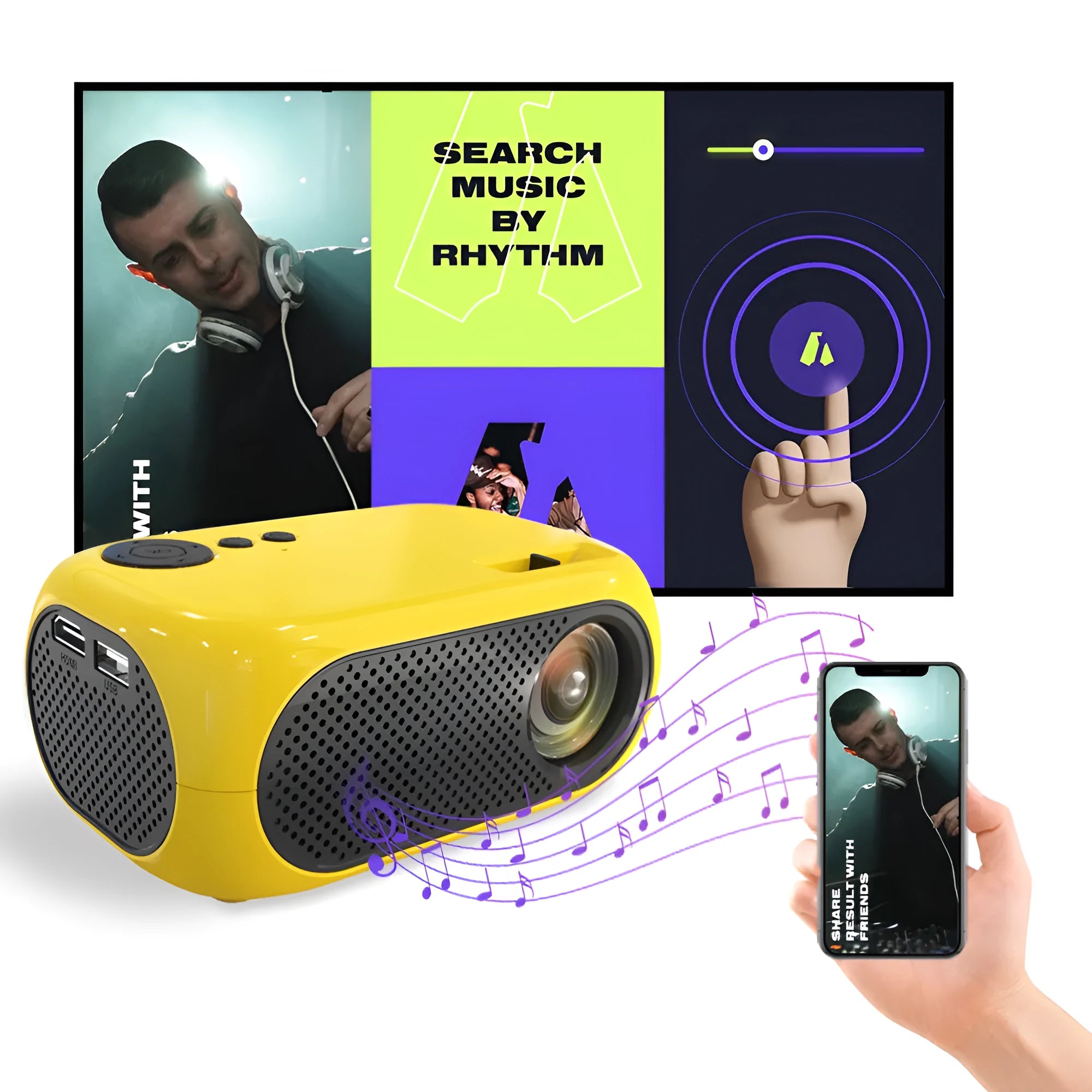 M24 portable micro mini LED projector in gold or white colour on a grey background