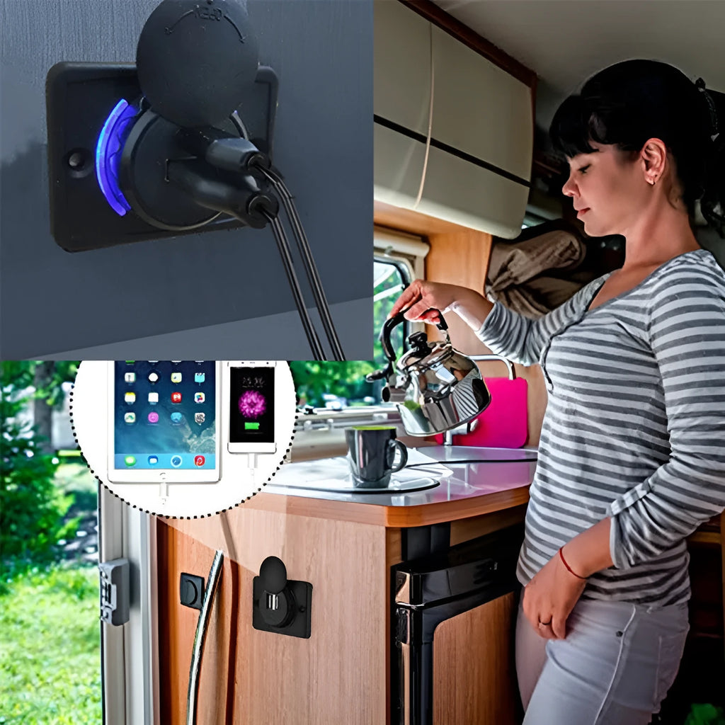 Black car USB charger with two ports for vehicle installation and mobile device charging