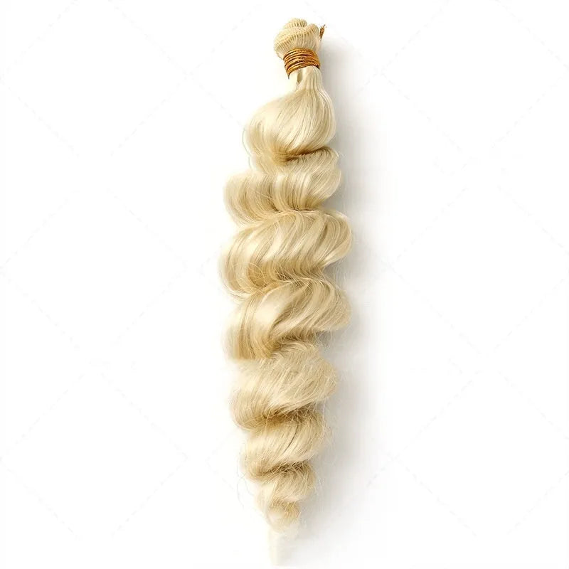 Golden blonde synthetic weft wig for women, shown in long style.