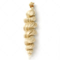 Golden blonde synthetic weft wig for women, shown in long style.