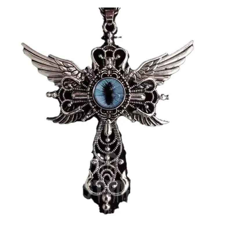 Geometric devil wings and cross alloy pendant necklace on a chain, shown in blue, green, purple, red, and yellow colour options.
