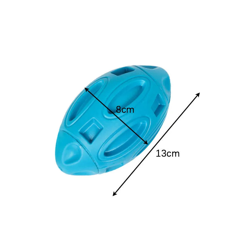Blue natural rubber squeaky dog toy ball with surface grooves for medium and large breed aggressive chewers