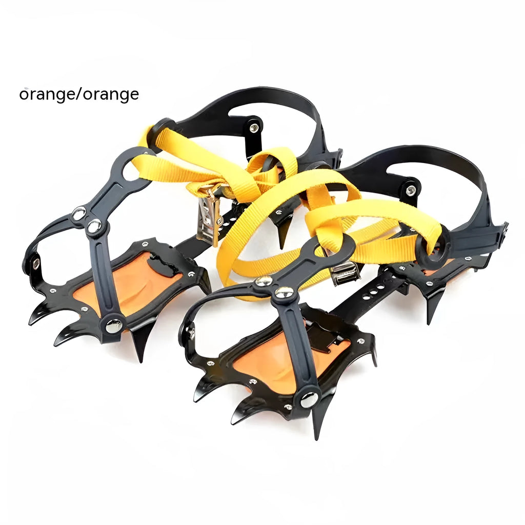 Pair of orange steel ten-teeth non-slip shoe cover crampons for snow ice traction