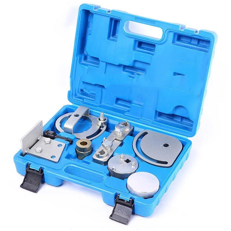 Volvo and Land Rover 3.0 3.2L engine timing tool kit with eight carbon steel pieces for cylinder head alignment.