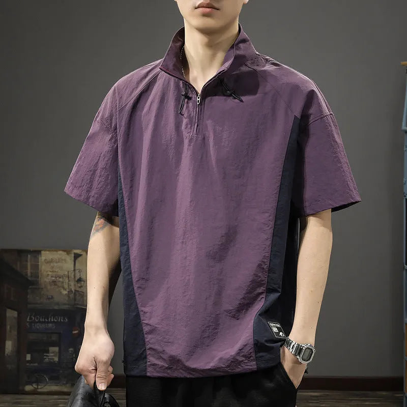 Brown men's short sleeve shirt with half-zip stand collar, made from ice silk fabric.