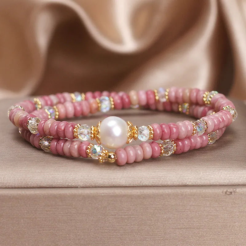 Natural red rhodochrosite and imitation pearl bracelet with chalcedony lotus seedpod pendant for women