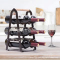 Iron desktop wine rack black with two wine bottles on kitchen countertop