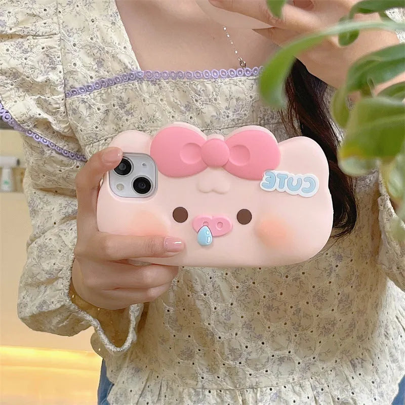Silicone snot pig phone case for iPhone, all-inclusive cartoon cover with embossed anti-fall design