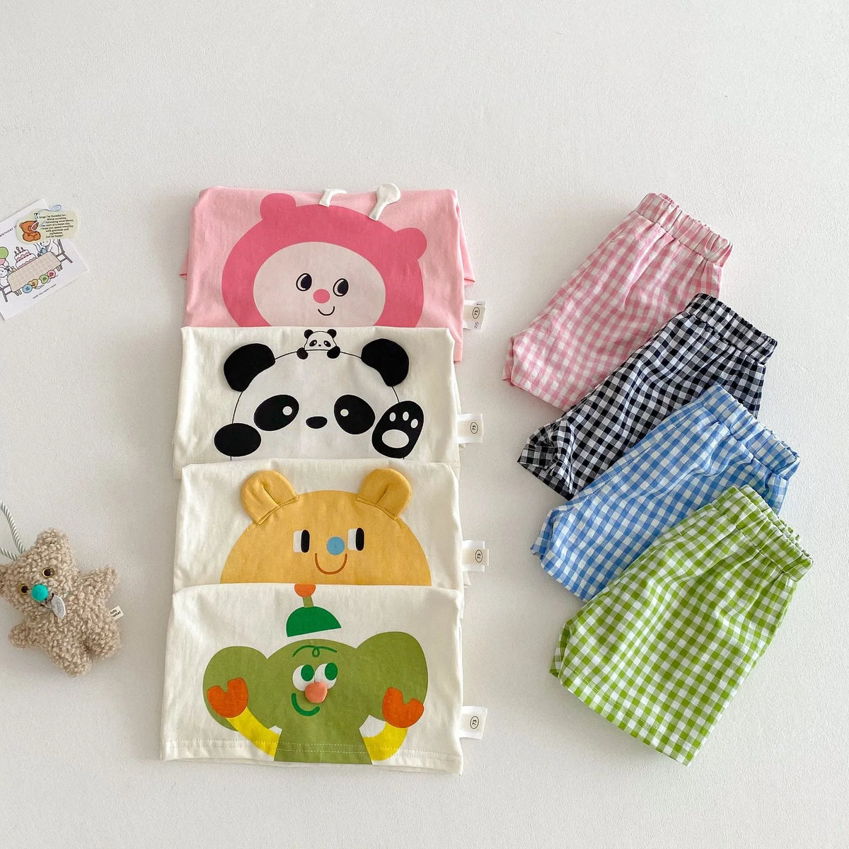 Girls' cotton short sleeve T-shirt and plaid shorts two-piece set in sea blue, peach, Black Panda or avocado green