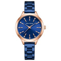 Women's 34mm solid steel strap quartz watch with rhinestone accents, blue dial, alloy case, 3ATM water-resistant
