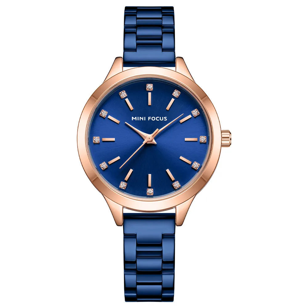 Women's 34mm solid steel strap quartz watch with rhinestone accents, blue dial, alloy case, 3ATM water-resistant