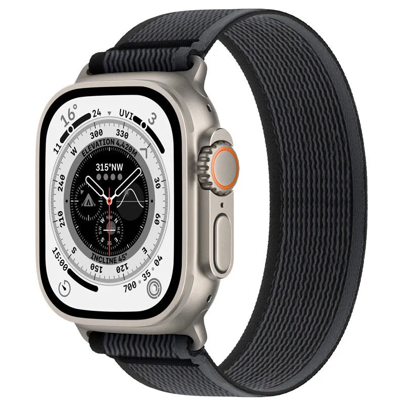 Single ring integrated nylon replacement strap for Apple Watch in multiple colours and sizes.