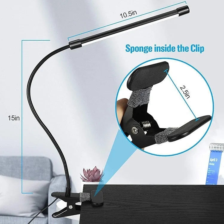 Black and white USB-powered LED desk lamp with 26cm length for study desks.