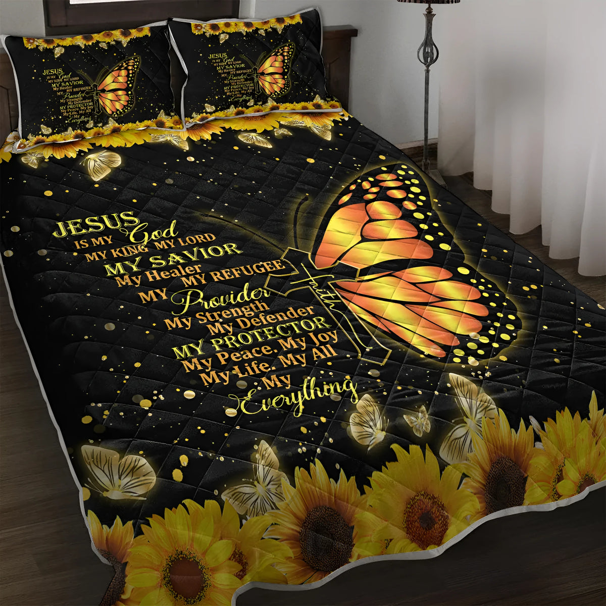 3 piece butterfly and sunflower quilt set with one quilt and two pillow shams in black microfiber polyester