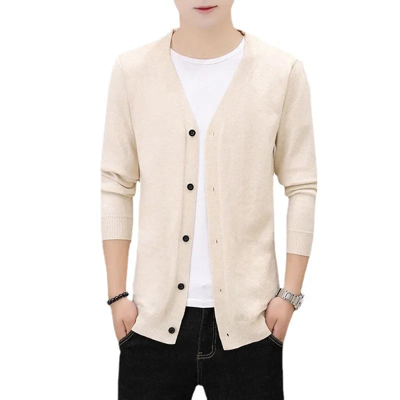 Men's thick slim fit cardigan knit jacket in beige, long sleeve, Korean style, sizes M to 5XL, polyester.