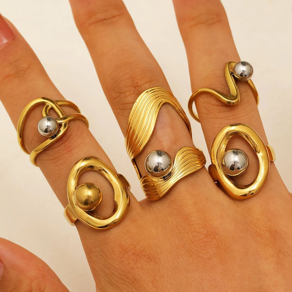 Stainless steel open ring with 18K real gold finish, geometric hollow line and ellipse shape for women