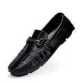 Men's casual leather shoe with a belt buckle on the upper, shown in one of four available colours.