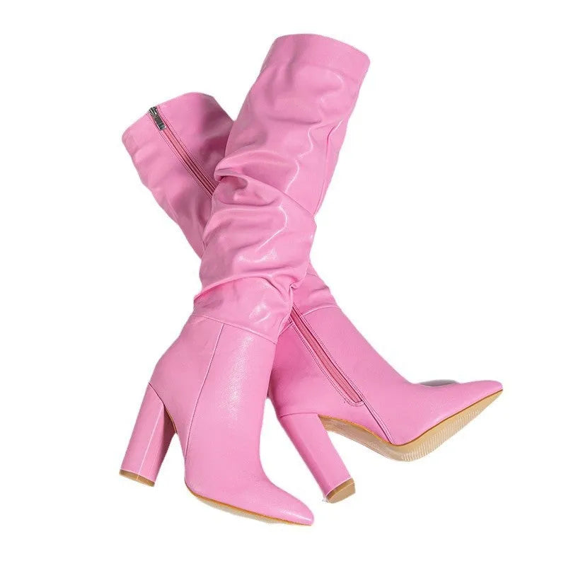Women's pointed toe high heel boots in white with side zip closure and 8cm+ heels