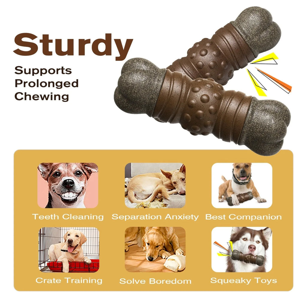 Wood colour plastic bone-shaped dog dental chew toy with textured surface.