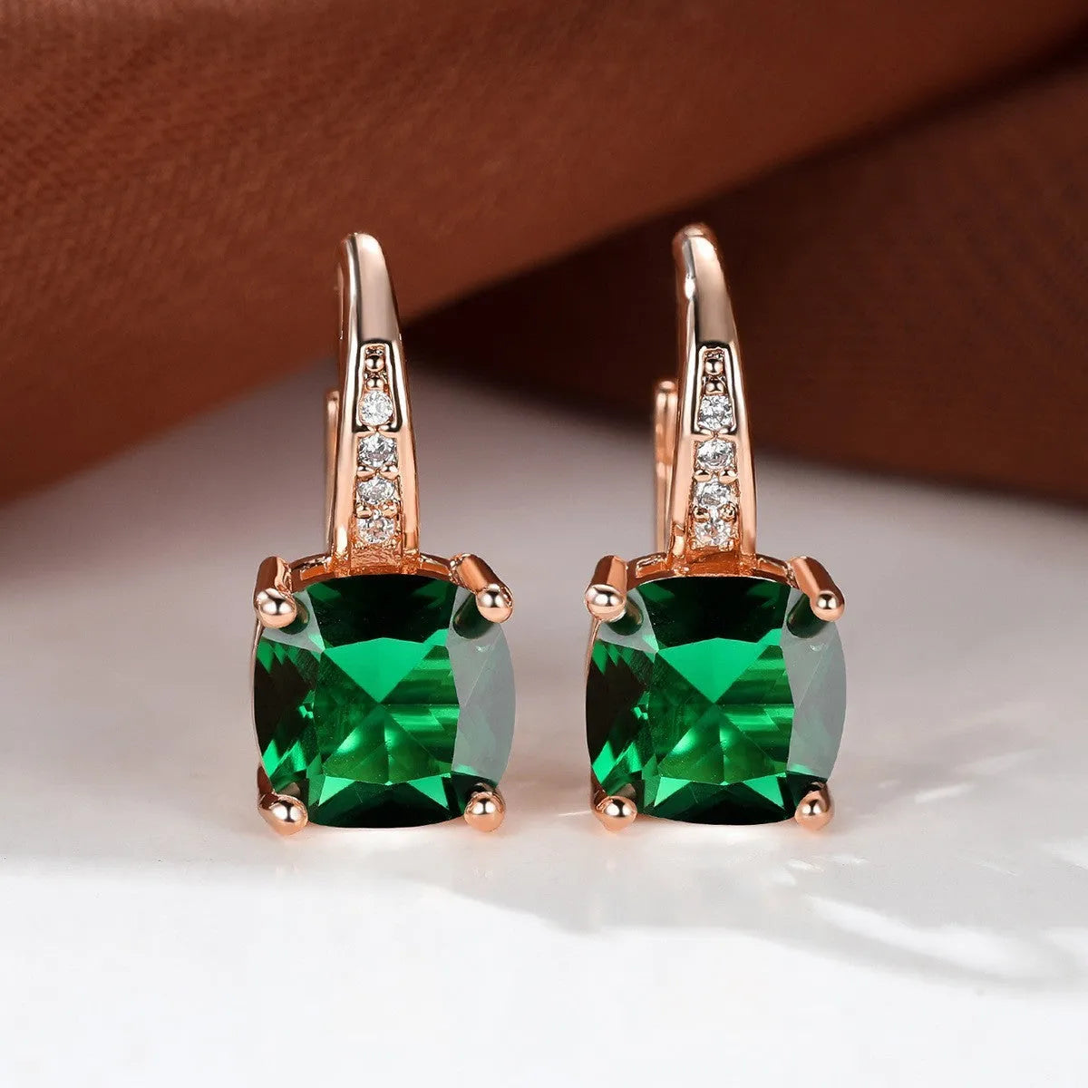 Square geometric ear hooks with round zircon inlays in gold, platinum, or rose gold finish