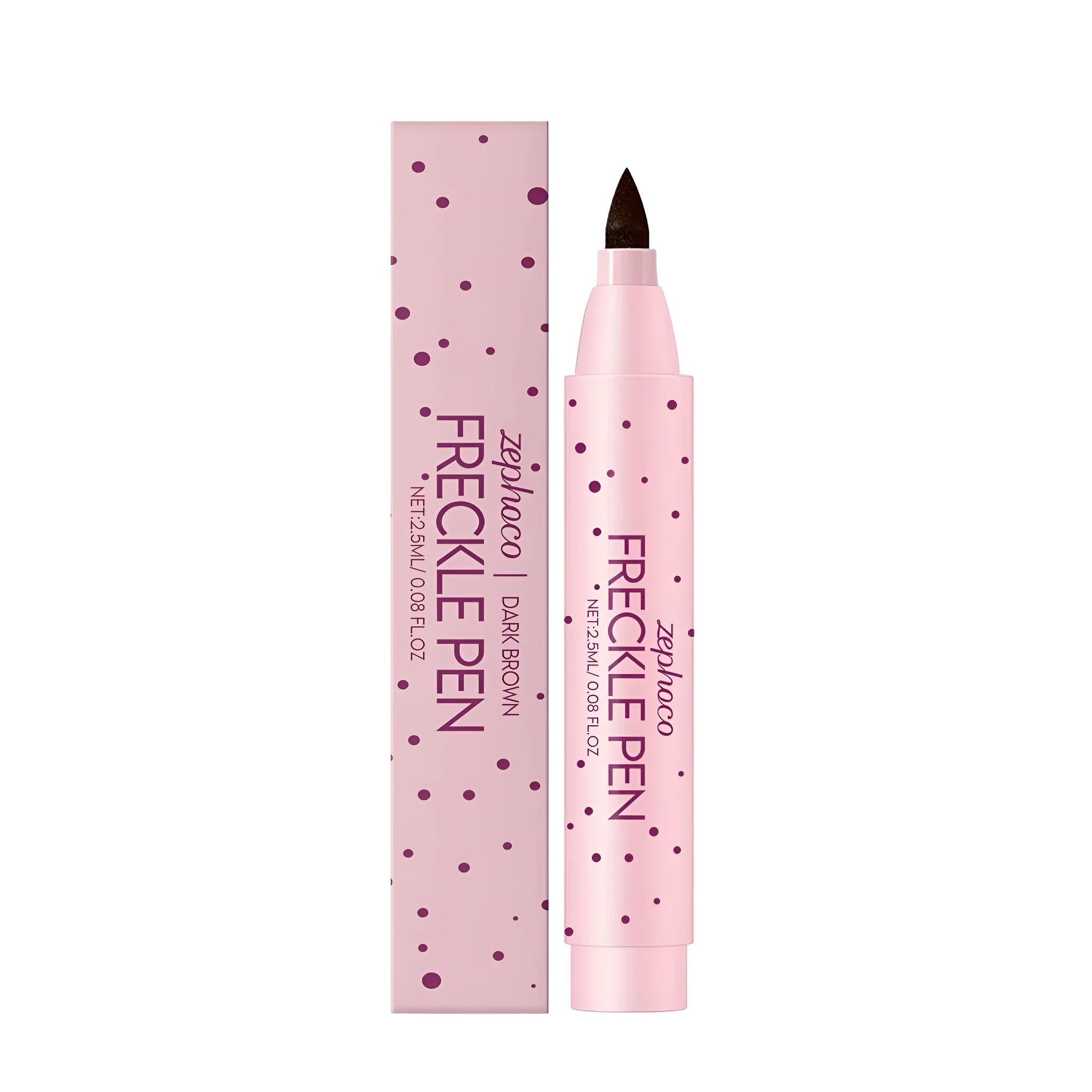 Close-up of a freckle pen with a dark brown cap and a precise 0.5mm felt tip for applying makeup faux freckles.