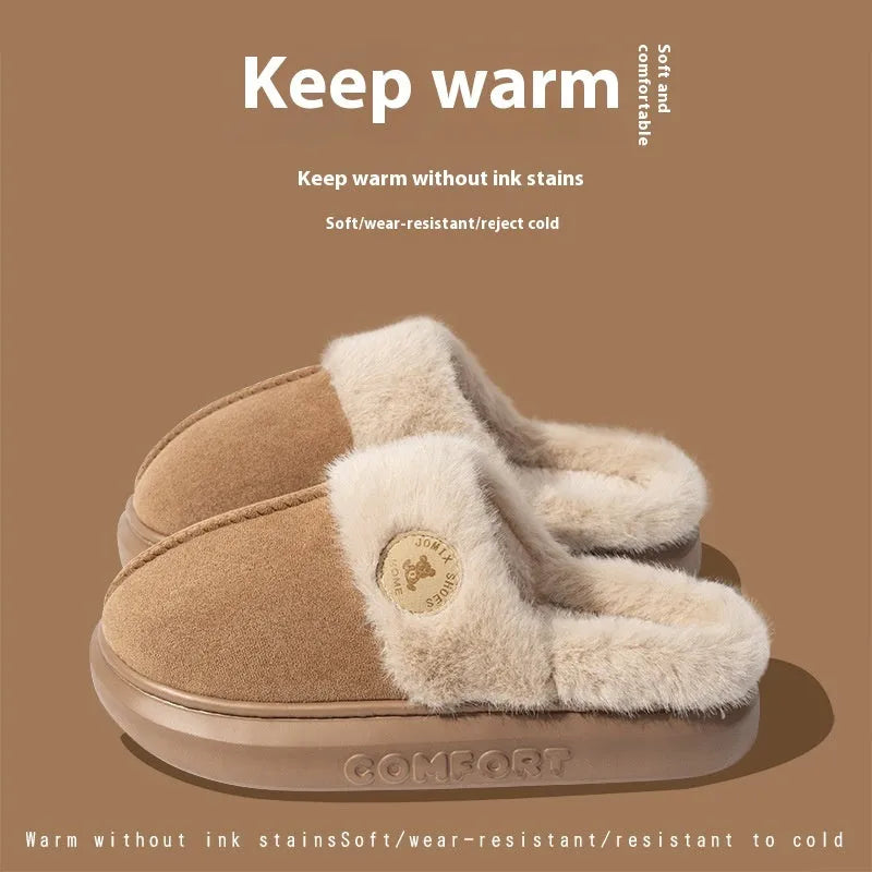 Plush fleece indoor slippers with thick PVC non-slip soles in multiple colours.