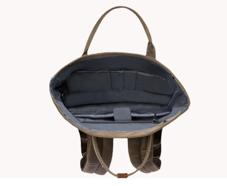 Black casual polyester backpack with cover opening, showing internal laptop sleeve and zipper pocket.