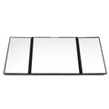 Silver folding car makeup mirror shown both closed and open on a car visor.
