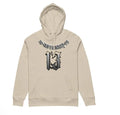Loose fit grey fleece-lined hooded sweatshirt shown on a hanger.