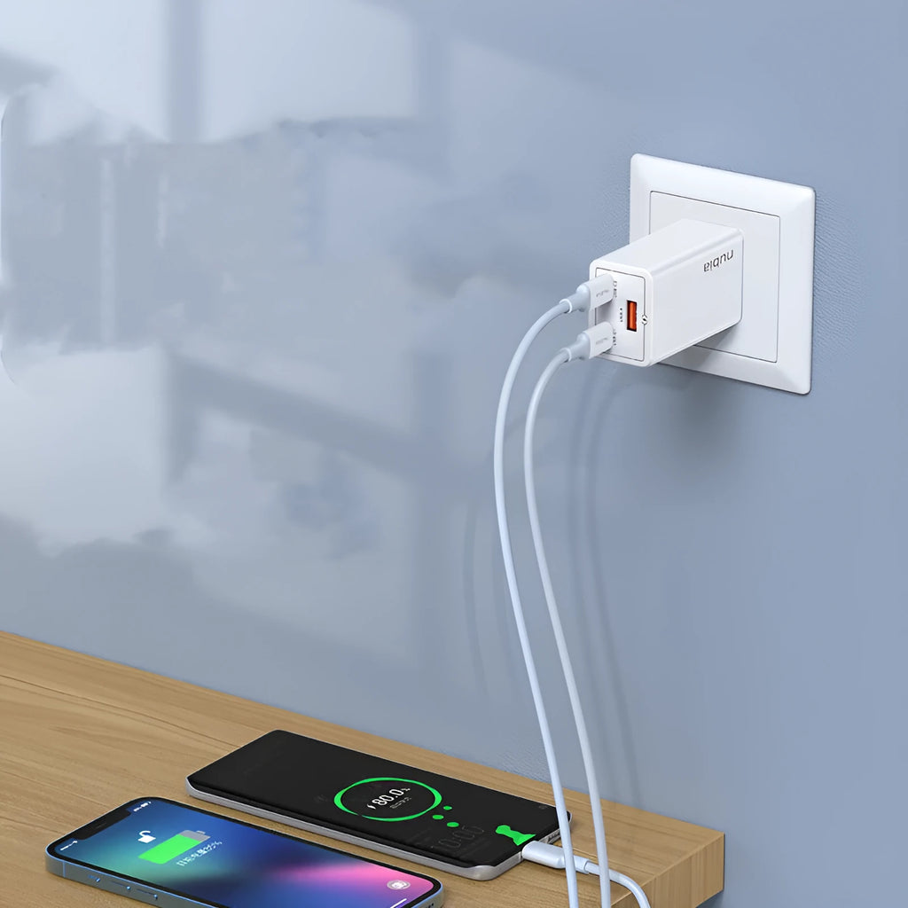 65W gallium nitride multi-port charger in grey with two USB-C and one USB-A ports