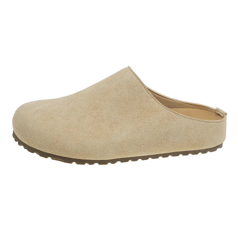Korean style square toe flat slippers in apricot colour with microfiber upper.