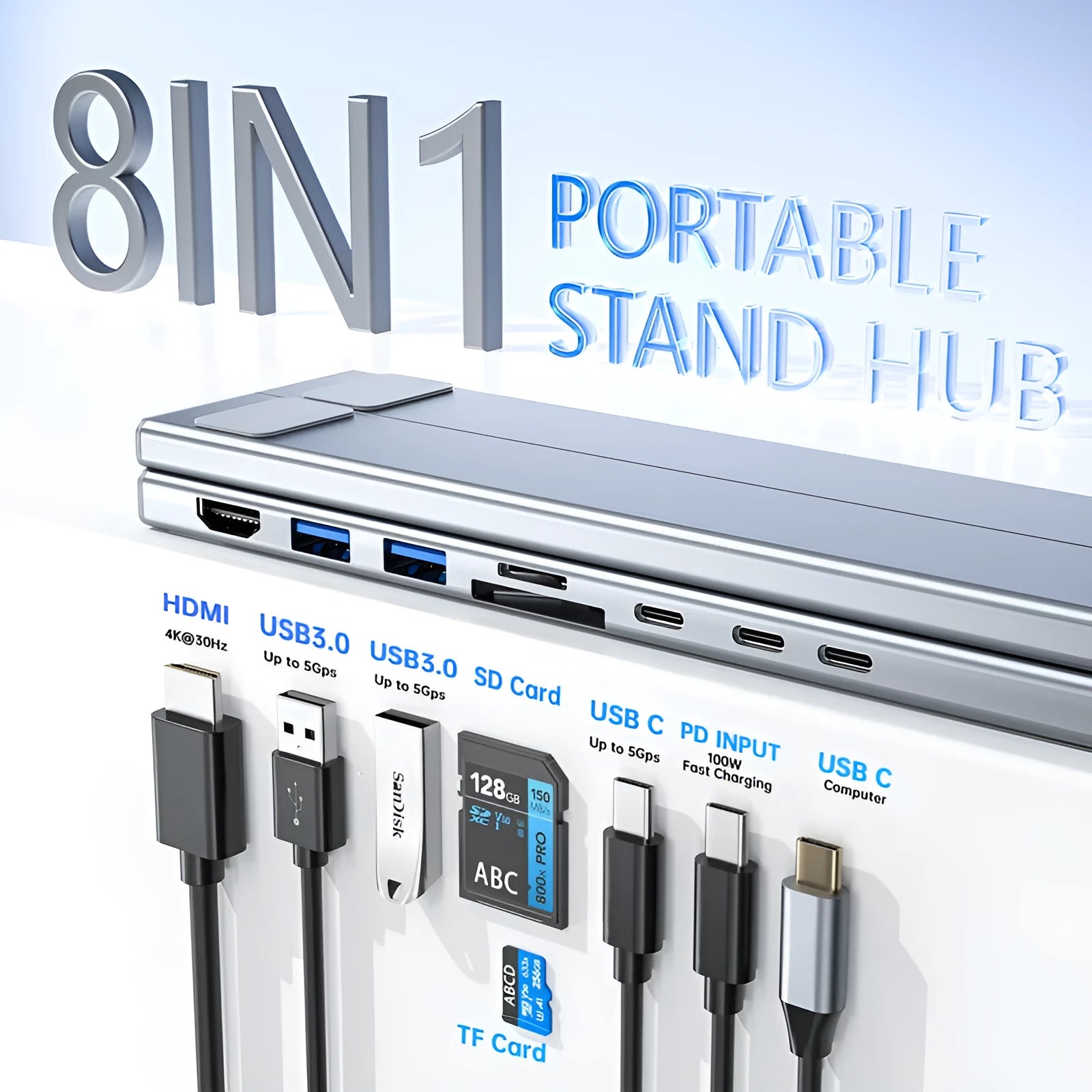 Aluminium folding laptop stand with built-in 8-in-1 USB-C and HDMI docking station ports.